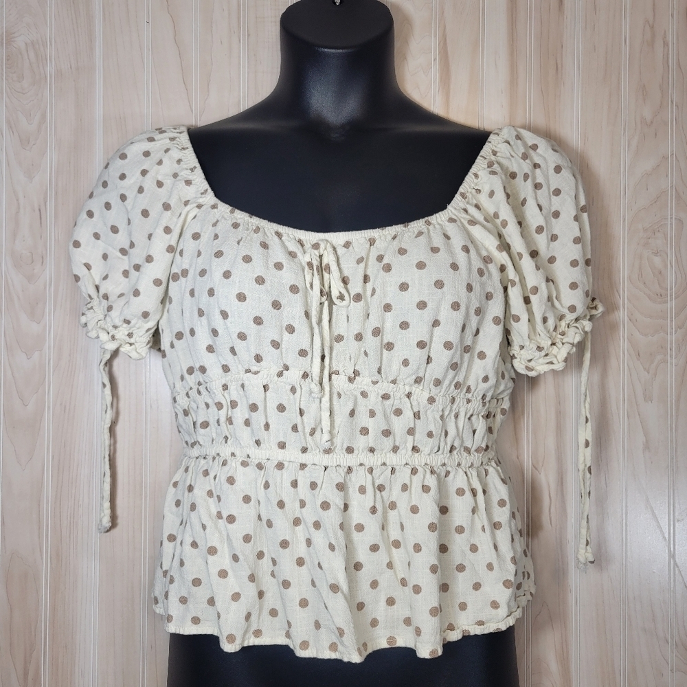 Luxology Cream and Brown Puff Sleeve Smocked Blouse